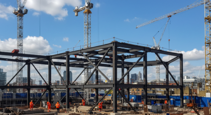 Structural steel fabrication project with a steel frame under construction at a commercial building site in London.