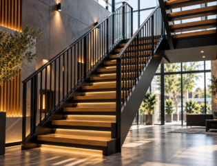 Modern architectural steel staircase with timber treads and black metal balustrades in a contemporary interior.