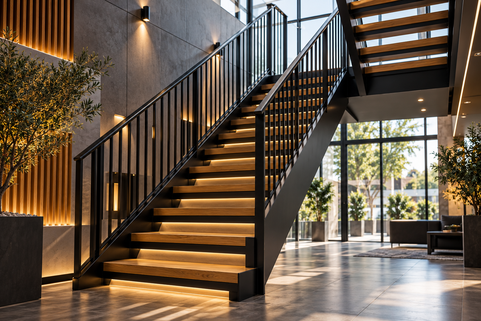 Modern architectural steel staircase with timber treads and black metal balustrades in a contemporary interior.