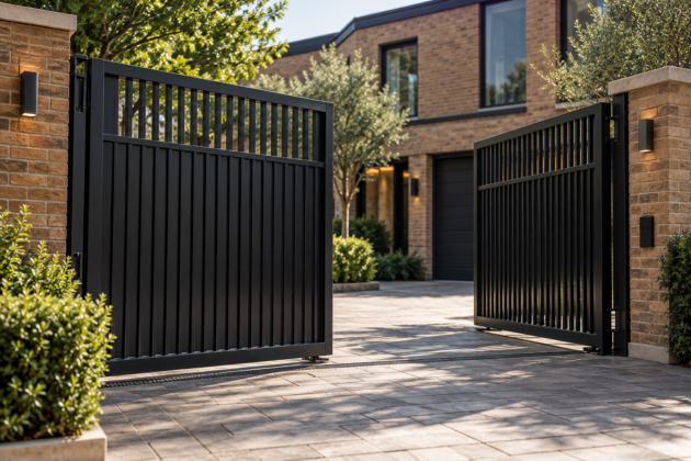 Bespoke black metal driveway gates with vertical steel slats installed at a modern residential property entrance.