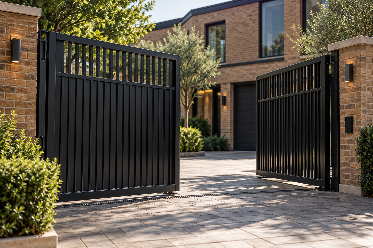 Bespoke black metal driveway gates with vertical steel slats installed at a modern residential property entrance.