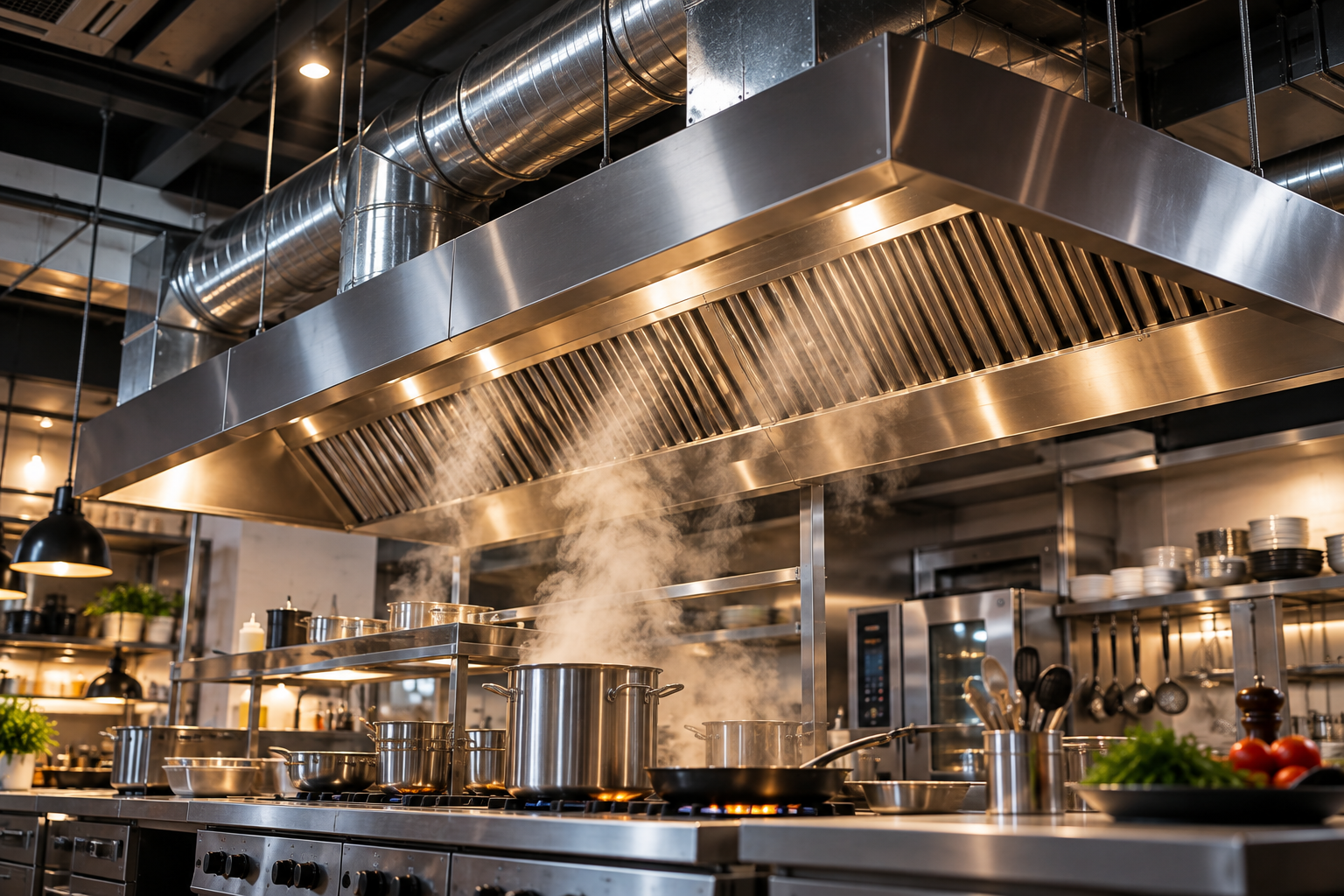 Commercial kitchen stainless steel extraction hood and ductwork above cooking equipment, designed to improve airflow and remove cooking fumes.