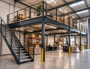Steel mezzanine floor with metal staircase and safety railings inside an industrial warehouse.
