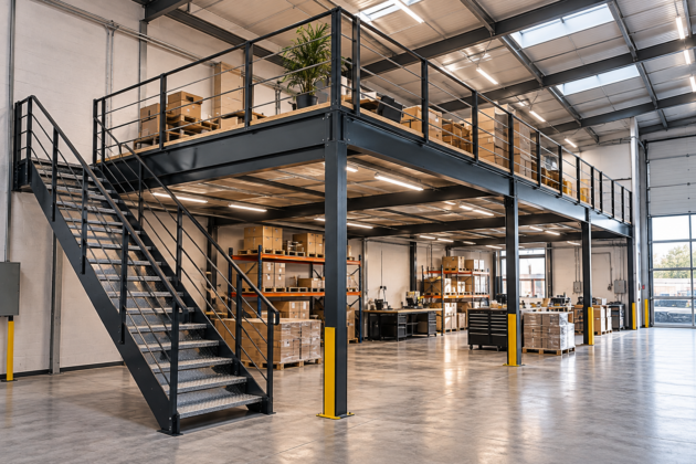 Steel mezzanine floor with metal staircase and safety railings inside an industrial warehouse.