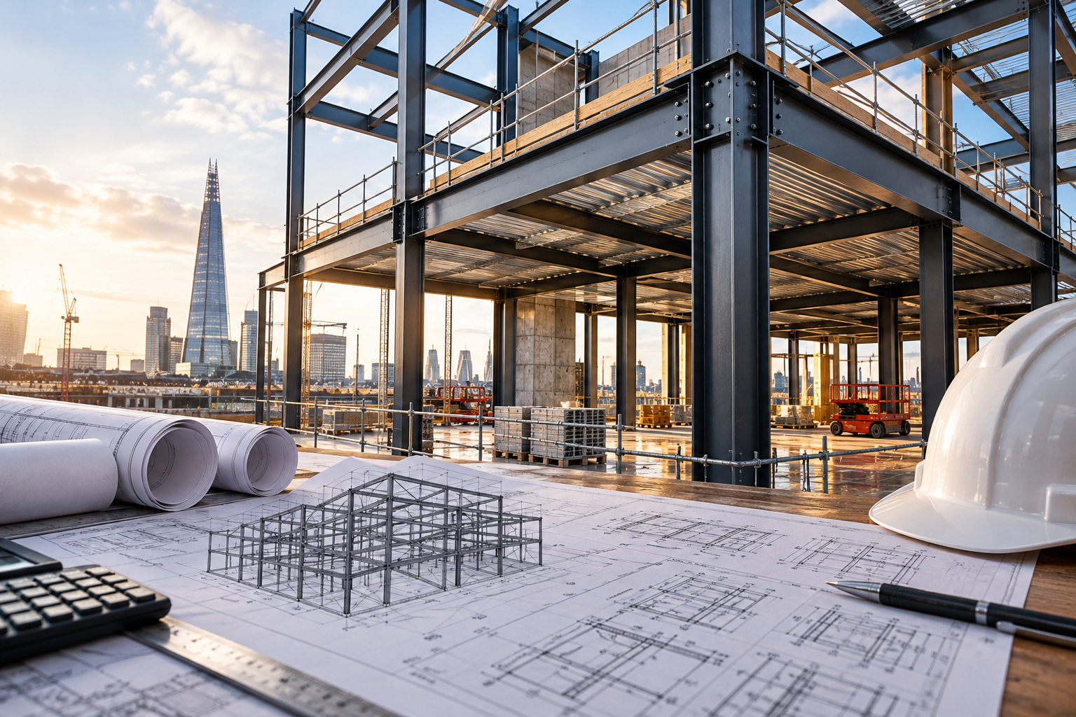 Modern structural steel frame construction with steel beams and columns, architectural engineering drawings and hard hat on a UK building site.
